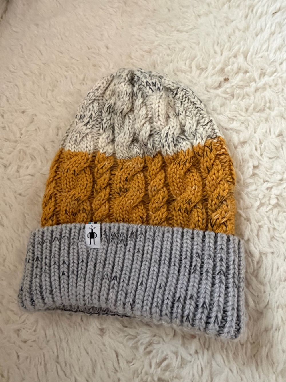 Smartwool Tri-Color Cable Knit Beanie with Logo Tag - Cream, Mustard, Light Gray